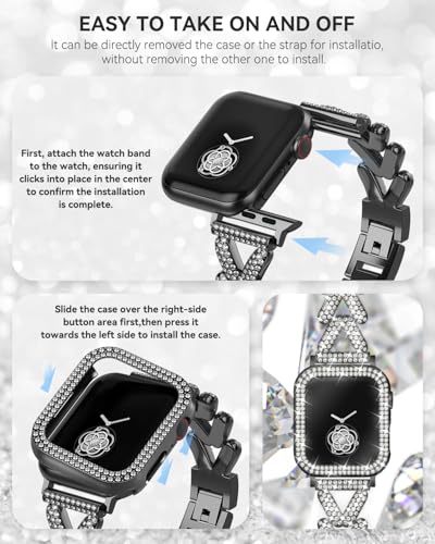 Image of Rhinestones Encrusted Metal Bracelet and Case, Compatible with Apple Watch Bands 38mm-49mm (Series 11 /10 /1 /SE /Ultra 2)- Bling Gold Women's Jewelry Strap, Luxury iWatch Bracelet