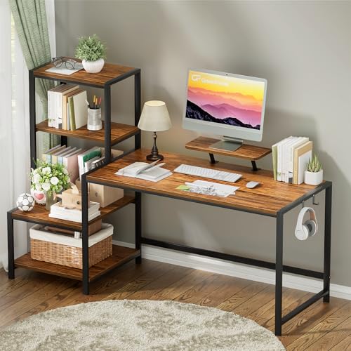 Image of GreenForest Computer Desk 58 inch with Printer Shelf, Reversible Office Desk with Monitor Stand and 2 Hooks, Home Workstation for Study Writing Working Gaming, Brown