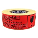 Warnetiketten auf Rolle - Bruchgefahr! Handle with care! - 500 Stück je Rolle - 150 x 50 mm - Leuchtrot Haftpapier stark haftend - Versandaufkleber - Paketaufkleber