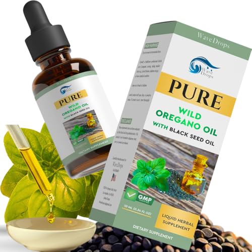 Wave Drops Wild Oregano Oil with Black Seed 80%+ Carvacrol Pure & Undiluted 0.34 fl oz Liquid Drops | GMP Certified