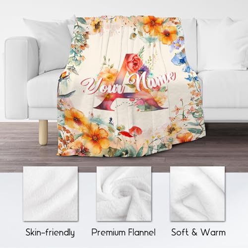 Custom Blanket with Name, Flower Initial Throws Gift for Kids, Soft Anniversary Birthday Gifts for Her, Cozy Flannel Throw Blankets for Couch Office, 30x40 Inches