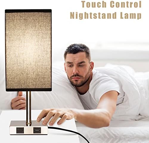 Glighone 2PCS Touch Bedside Lamp with 2 USB Charging Ports Table Lamp Dimmable Nightstand Lamp Black Square Fabric Shade & Silver Wood Base Bedroom Lamp for Living Room,Study Room(2 Bulbs Included)