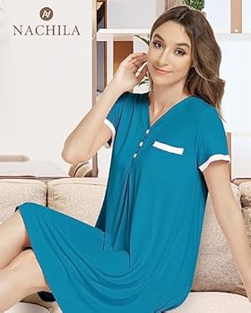 NACHILA Womens Bamboo Nightgown Long Sleeve Sleepwear V Neck