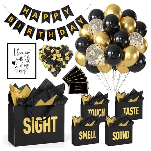 5 Senses Gift Bags for Him with Labels&Tissue Paper Comes with Birthday Decoration Rose Petals Happy Birthday Banner and Balloons, 5 Senses Gift Bags for Husband Boyfriend