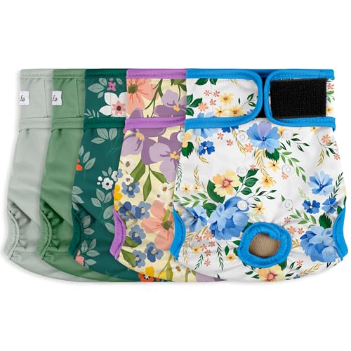 Image of Female Dog Diapers 5Pcs - Premium Reusable Diapers for Doggie in Heat - Highly Absorbent Dog Diapers Female for Pet Incontinence with Adjustable Snaps, Green, L
