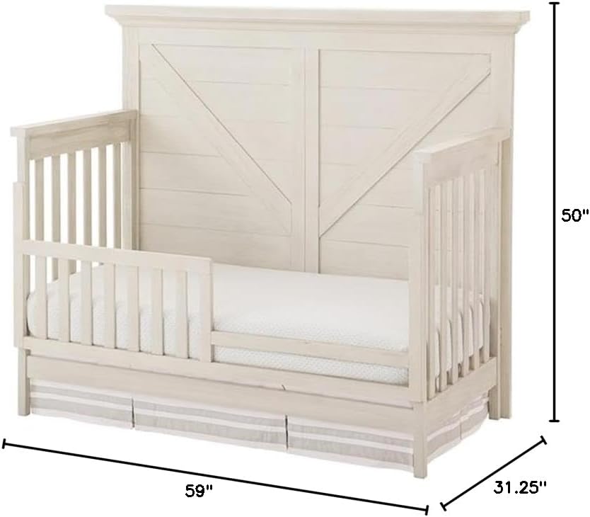 Pemberly Row Traditional 4-in-1 Convertible Crib, Brushed White Finish, Furniture-Grade Wood Construction, Rustic Paneled Design, Classic Nursery Crib Converts to Toddler, Day, Full-Size Bed