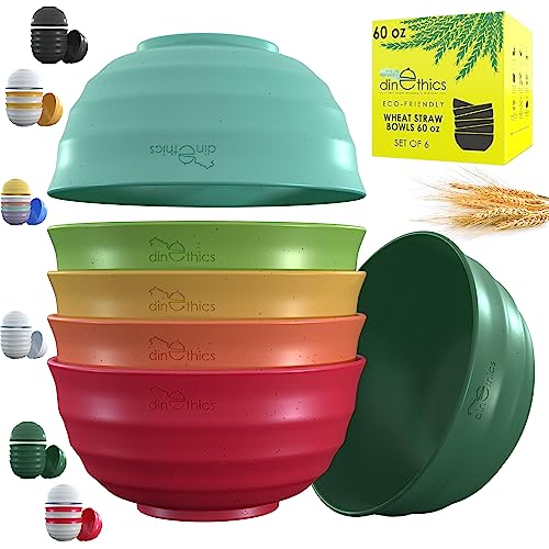 DINETHICS 60-OZ Big Bowl Set - Unbreakable Microwave Safe Bowls with 6 Large Salad, Serving & Cereal Bowls - Wheat Straw Material - Ideal for Ramen, Soup, Snack & Big Breakfast