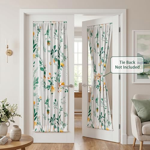 Image of MYSKY HOME Floral French Door Curtains 72 inch Long Set of 2 Blackout Privacy Sidelight Door Window Drapes with Rod Pocket, Yellow and Green, 24 inch W Each Panel