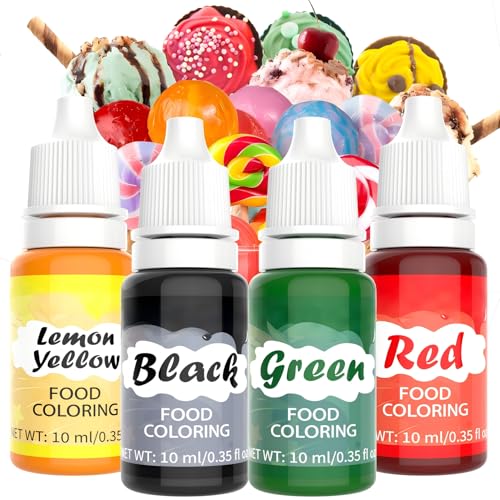 Image of Food Coloring Liquid - 4 Bright Colors Food Dye, 0.35 Fl oz | Food Grade Tasteless Concentrated Liquid Food Coloring Set for Cake Decorating, Baking, Cookie, DIY Making Supplies Kit