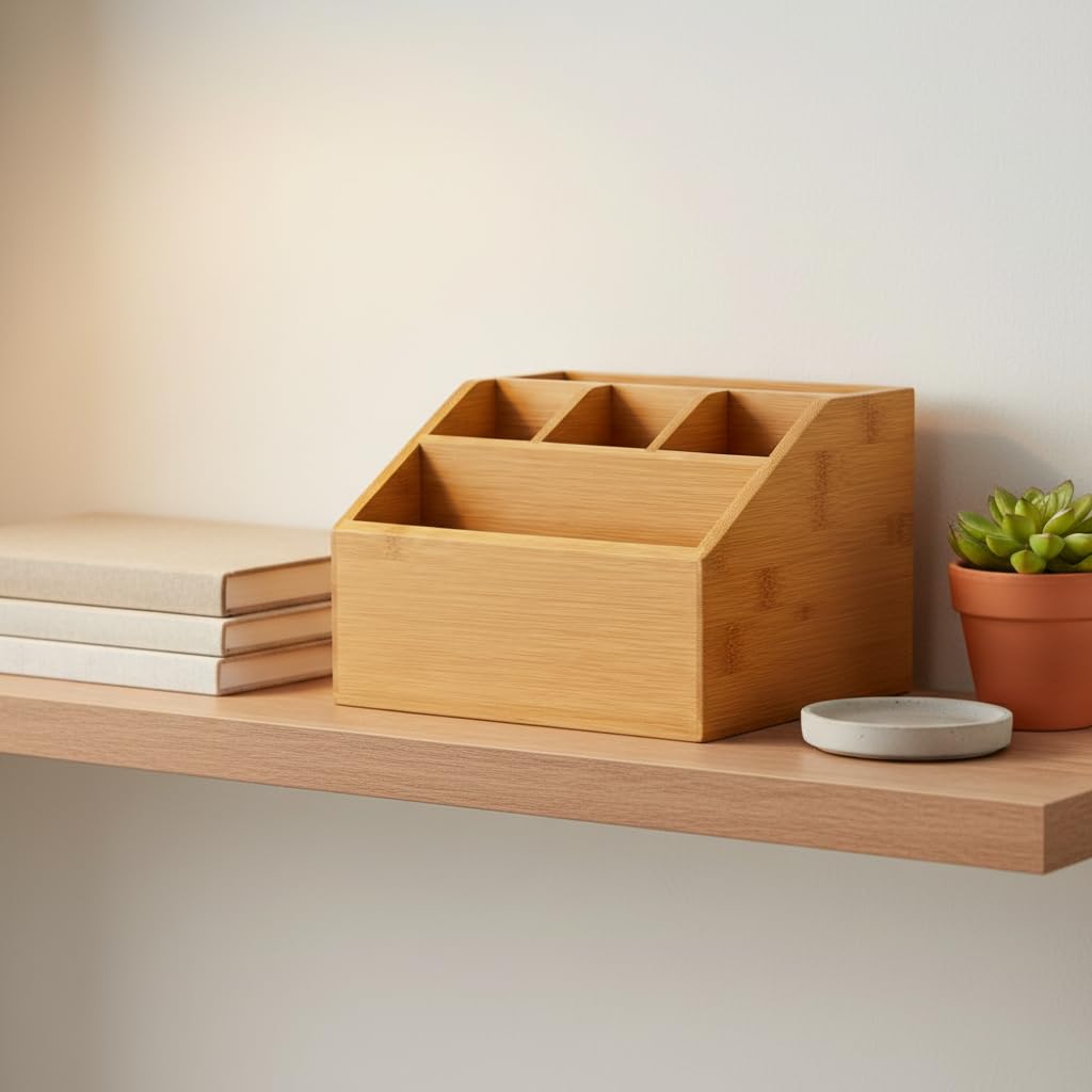 hausleben Organizer na biurko z bambusa – 5 przegródek, pojemnik na długopisy i organizer biurowy, półka na biurko do biura i biura (16 x 15 x 11 cm) | Uchwyt na długopisy i organizer na biurko z 5 przegródkami, organizer na biurko do domu i biura, 16 x 1