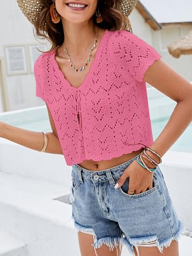 Image of Women's Crochet Shrug Knit Sweater, Short Sleeve Tie-Front Cropped Cardigan | Lightweight Open-Knit Bolero Tops, Cute Boho V-Neck, Styled Over Evening Dresses, Spring Summer Layering, Beach Cover-Up