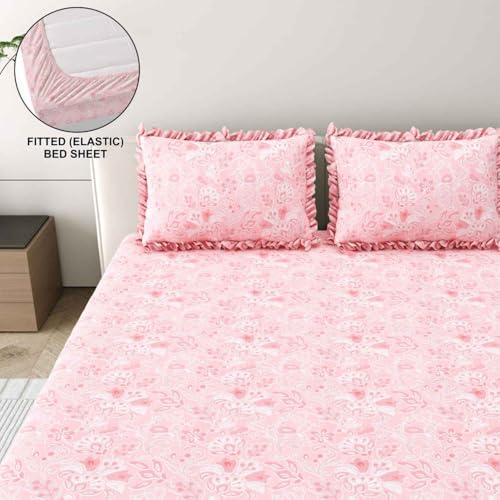 Image of Dream Weaverz- Polycotton Printed Double Bed Size Fitted Elastic Bedsheet,2 Pillow Cover,260 Thread (72 inch x 78 inchx7 inch) Home, Bedroom (Light Pink, King)
