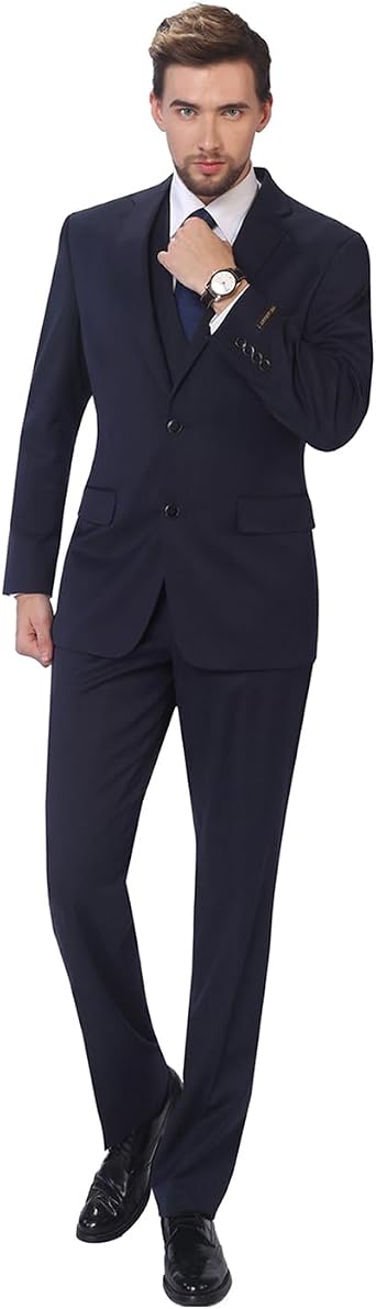 P&L Mens Suit 3 Piece Wool Blend Classic Fit Single Breasted 2 Buttons Blazer & Flat Front Pants & Vest