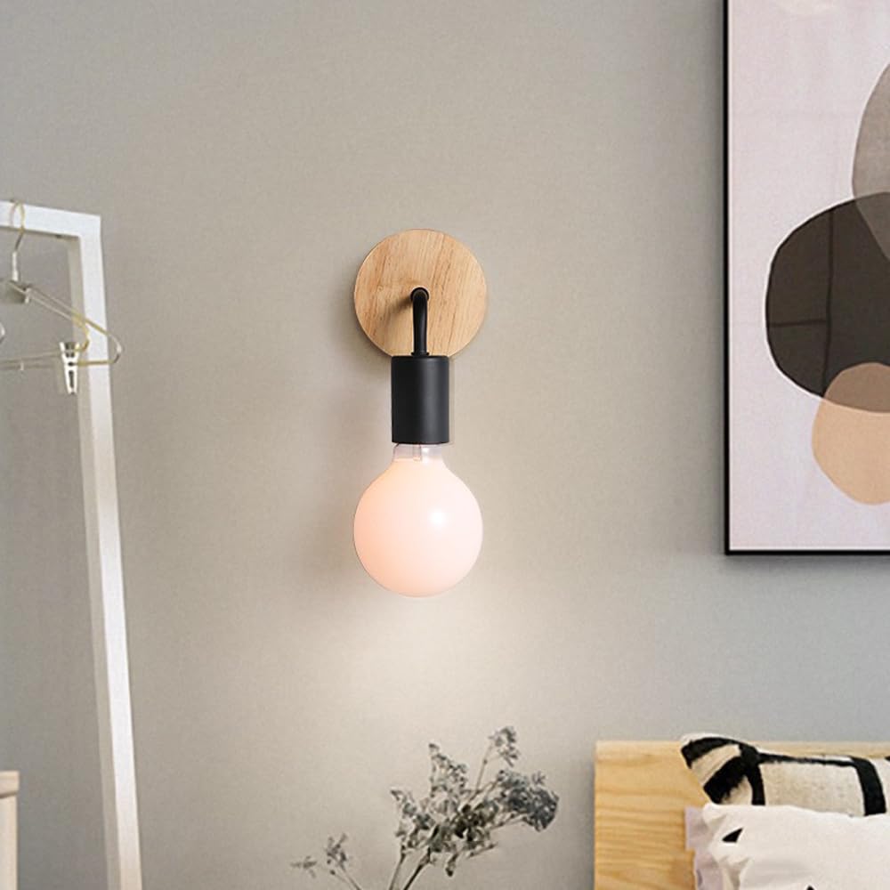 Applique da Parete per Camera da Letto, Confezione da 2, Illuminazione nordica in Legno, Mini Illuminazione da Comodino, Illuminazione da Bagno, Illuminazione in Metallo con cablag