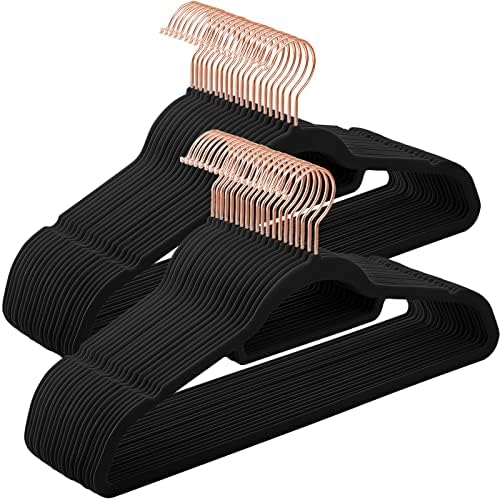 SONGMICS Velvet Hangers, 50-Pack, Non-Slip Clothes Hanger with Rose Gold Colour Swivel Hook, 0.6 cm Thick and Space Saving, 45 cm Long for Coat, Shirt, Dress, Trousers, Ties, Black CRF21BK50
