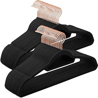 SONGMICS Velvet Hangers, 50-Pack, Non-Slip Clothes Hanger with Rose Gold Colour Swivel Hook, 0.6 cm Thick and Space Saving, 45 cm Long for Coat, Shirt, Dress, Trousers, Ties, Black CRF21BK50