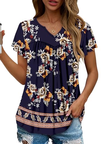 KISSMODA Tops for Womens Summer Cute Short Sleeve Shirts Trendy Notched Neck Blouses Casual Loose Pleated Tunics S-3Xl