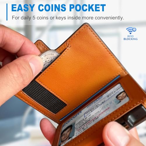 Image of VOGARD Slim RFID Blocking Wallet for Men | Pop-Up Card Holder with Money Clip & Coin Pocket | Magnetic Flip Leather Wallet | Holds 9 Cards, Cash & Keys | Coffee Brown