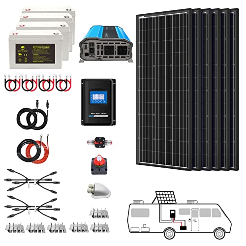 PowerECO 600 Watt (6pcs 100W Mono) Solar Panel Kit + 3000 Watt Power Inverter + Gel Battery Bank for RV, Boat, Cabin, Off-Grid 12 Volt Battery System