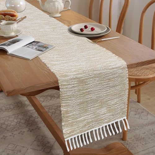Image of Luxe Home Elegant Beige and White Woven Table Runner with Tassels - Mix Cotton Jute 13 x 74 Inch, Textured - Perfect for Dining Table, Center Table, Decor