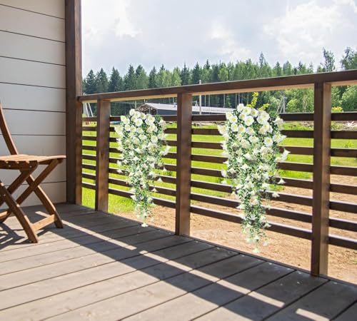 2 Pack Artificial Flowers for Outdoors UV Resistant Fake Morning Glory Vine Hanging Flowers for Porch Garden Fence Decor Weatherproof Silk Flower Garland (White) image 3