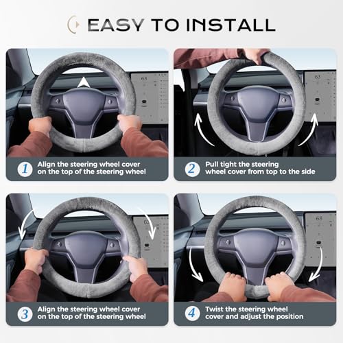 Image of Coverado Steering Wheel Cover, Anti-Slip Fluffy Car Steering Wheel Cover for Winter Warm, Universal 14-15 inch, Soft Plush, No Odor, Luxurious Decoration for Women Men, Gradient Gray