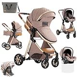 Sianldcone 3 in 1 Baby Stroller Travel System Combo Set, Reversible Convertible Infant Stroller with One-Click Folding, Toddler Newborn Pram Carriage with Aluminum Frame (MGV9-KHAKI Without Base)