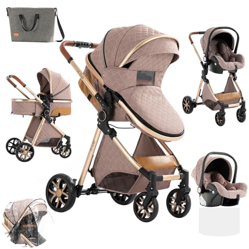 Sianldcone 3 in 1 Baby Stroller Travel System Combo Set, Reversible Convertible Infant Stroller with One-Click Folding, Toddler Newborn Pram Carriage with Aluminum Frame (MGV9-KHAKI Without Base)