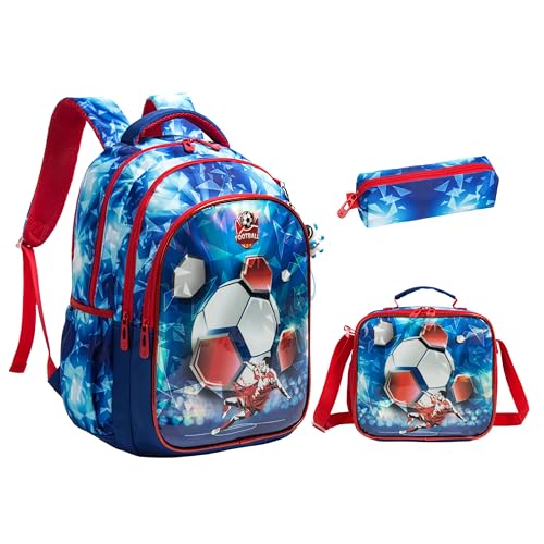Conjunto de Mochila Escolar Infantil com Bolsa Térmica e Estojo - Ideal para Meninos e Meninas de 7 a 12 Anos (Futebol vermelho azul)