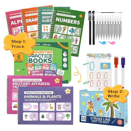 Mematflo All-in-One Magic Grooved Writing Practice, Childrens Books Ages 3-5, Reusable grooved Handwriting Practice for Kids 6-8,Tracing Books，Preschool Learning Activities，Educational Toys Gift