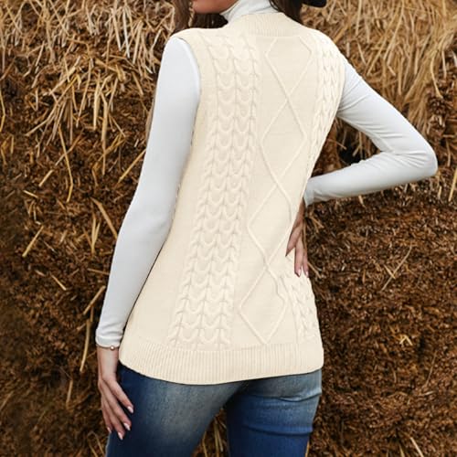 Image of Women's Sweater Vest,Long Cable Loose Knitted Sleeveless V Neck Casual Sweaters Tank Top S~XL