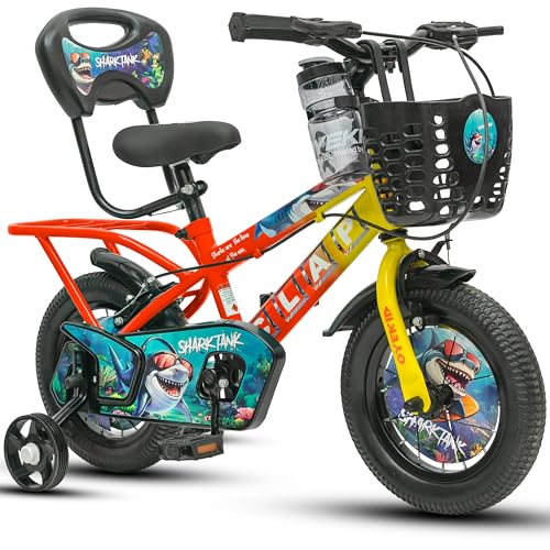 Image of Shark Tank 12T Kids Bicycle for Boys & Girls with Training Wheel, Front Basket, PU Soft Seat with Backrest, Full Chain Cover & Stylish Wheelcards (Yellow /Orange, 12T)