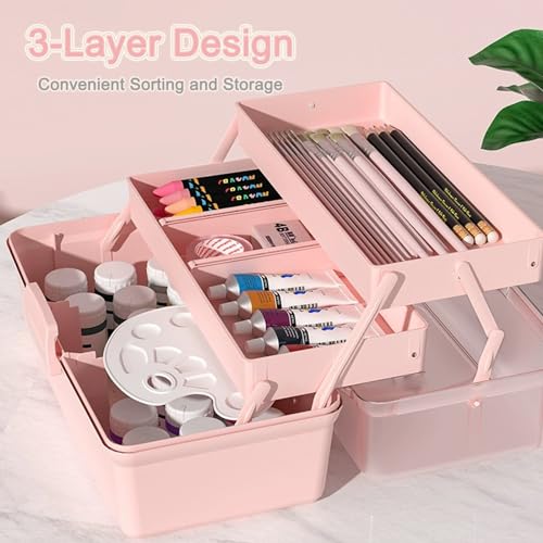 Image of 3-Layer Craft Storage Box Paint Storage Organizer Paint Brush Holder 2-Tray Art Supply Box Craft Paint Storage Craft Paint Storage for Painting Supplies