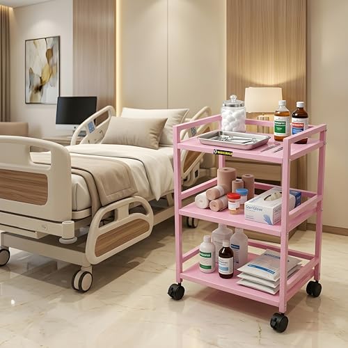 Image of 3 Tier Surgical Trolley with Wheels for Hospital & Clinic, Medical Utility Cart, Rolling Instrument Trolley with Lockable Caster Wheels, Metal Medical Storage Rack for OT, ICU, Dental