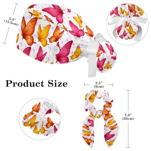 Image of Colored Butterflies Scrub Caps Women, Adjustable Working Cap with Button, Surgical Caps with Bow Hair Scrunchy
