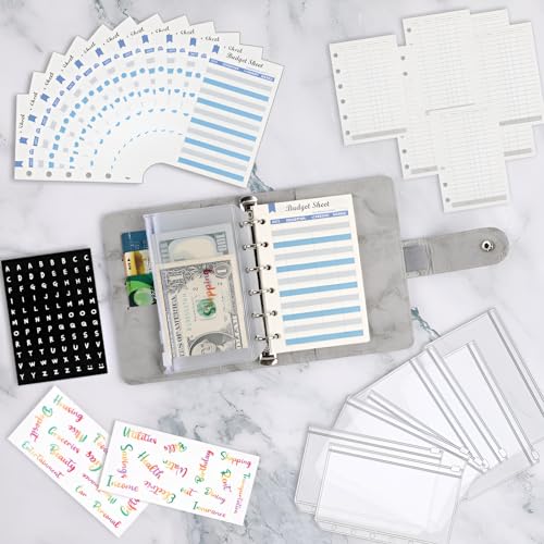 A7 Marbled Binder Wallet - Cash Wallet Envelope System, Mini Money Saving Organizer for Cash, Budget Binders with Pockets, Sheets and Stickers, Grey