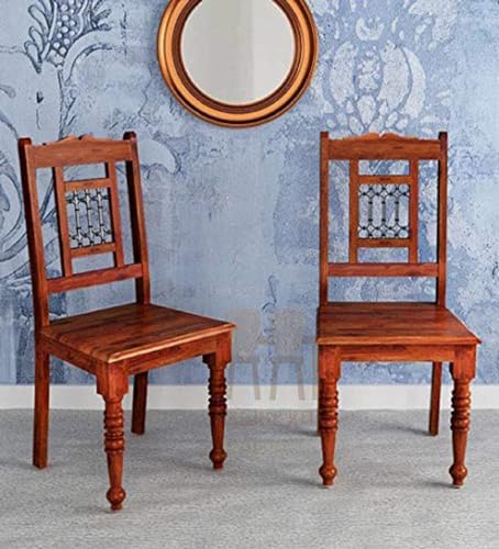 Image of Solid Sheesham Wood Dining Chair Set of 2 | Solid Wood Dining Chairs | Wooden Dining Chairs for Home and Living Room | Study Chairs | Wooden Set of 2 Chairs | Honey Oak Finish