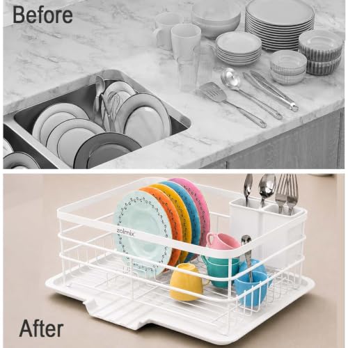 Image of ZOLMIX Dish Drying Rack, Dish Drainer Basket with Drainer Tray, Utensils Drying Rack Anti-Rust Detachable Cutlery Holder, Bartan Basket with Drain Tray, Kitchen Utensils Organizer, White (42x32x13 cm)