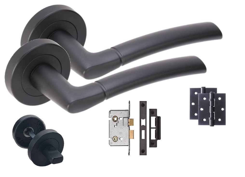 Golden Grace Indiana Style Modern Matt Black Finish Lever Latch Internal Door Handles On Rose Packs (Bathroom Set Incl. Hinges) from B&Q