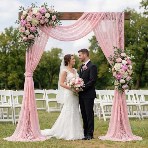 Image of HunnmingRe Pink Wedding Arch Draping Fabric Summer 2 Panel 30 inch X18ft Lace Wedding Arch Drapery Embroidered Boho Rustic Backdrop Vintage Decor for Bridal Shower Church Ceremony Decoration (Pink)