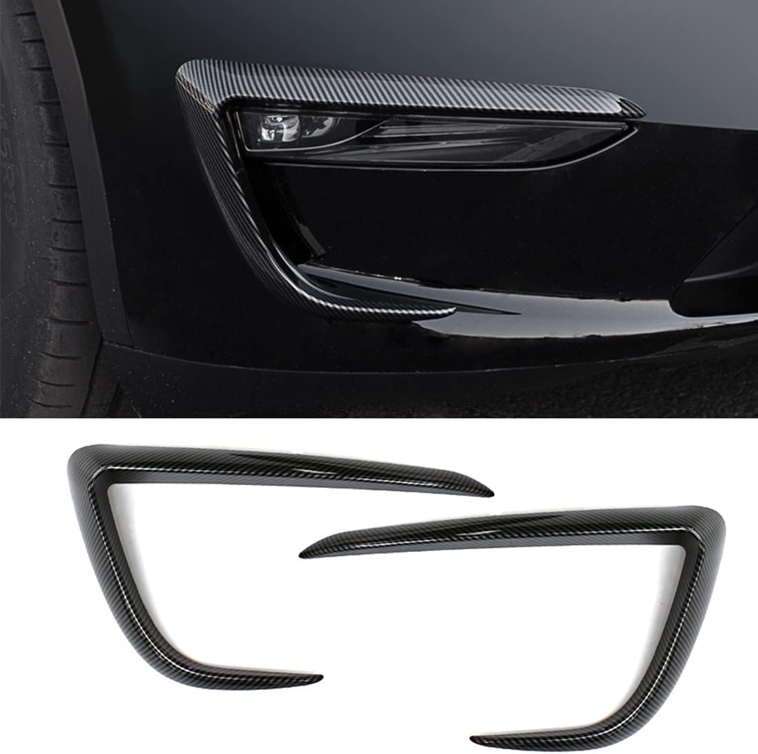 FASTCHE Front Fog Light Trim Cover for Tesla Model Y Eyebrow Spoiler Accessories Fog Lamp Frame Blade Trim Compatible with 2020 2021 2022 Model Y (ABS Glossy Carbon Fiber)