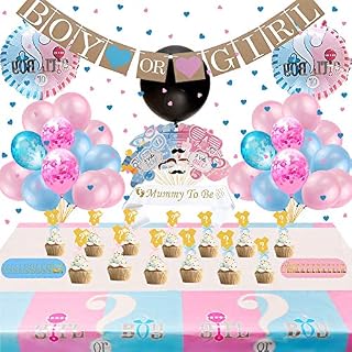 Funnlot 102Pcs Gender Reveal Decoration for Party with Baby Gender Reveal Balloons Boy or Girl Banner Gender Reveal Cake Toppers Tablecloth Baby Shower Photo Booth Props Stickers Mummy To Be Sash