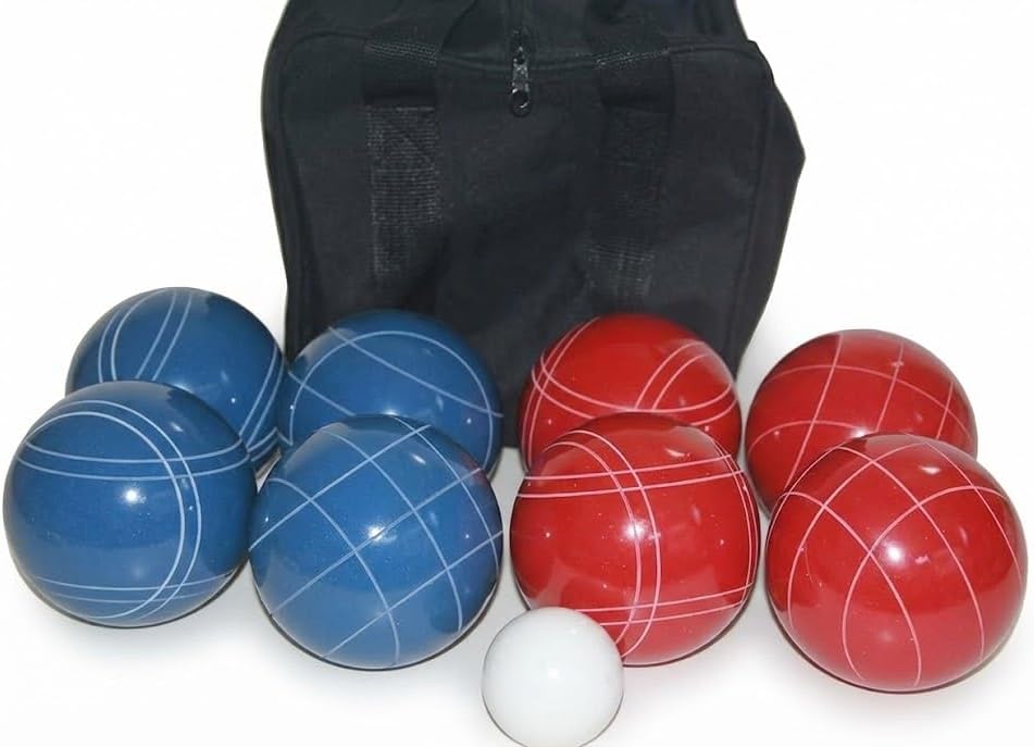 BuyBocceBalls Listing - Made in USA, Premium Quality Tournament Bocce Set - 110mm Blue and Red Balls, Nylon Black Bag, 998 Grams (2 lbs. 3.2 oz.). Various Bag Colors