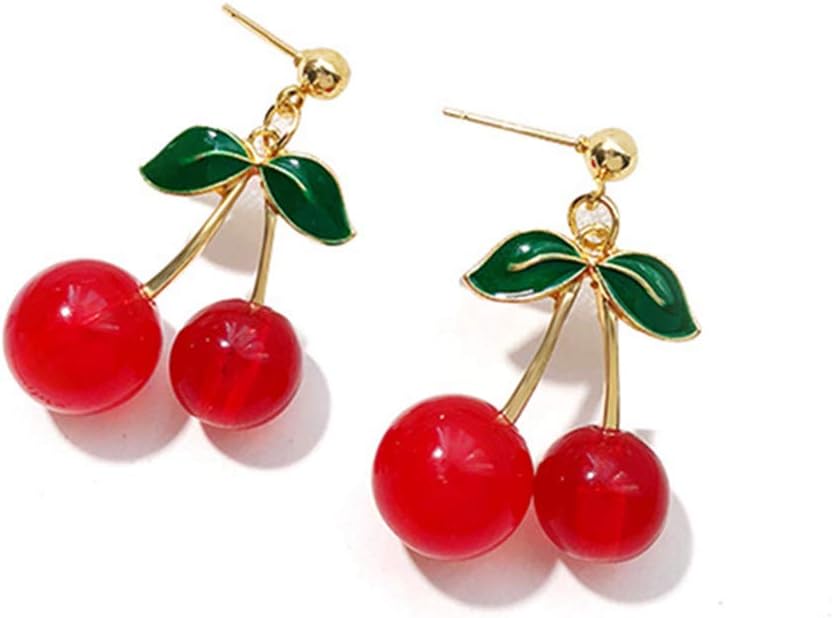 18K Gold Plated Fruit Earring 3D Green Leaf Red Cherry Charm Tassel Drop Stud Earrings