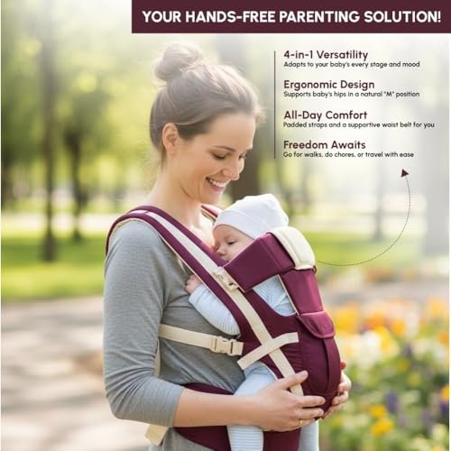 Image of LittleBoo New Born Baby Carrier Bag 4-in-1 Adjustable Baby Sitting Carrier Bag - Front & Back Carry with Head Support, Safety Belt & Buckle Straps for 0-24 Months (Maroon)