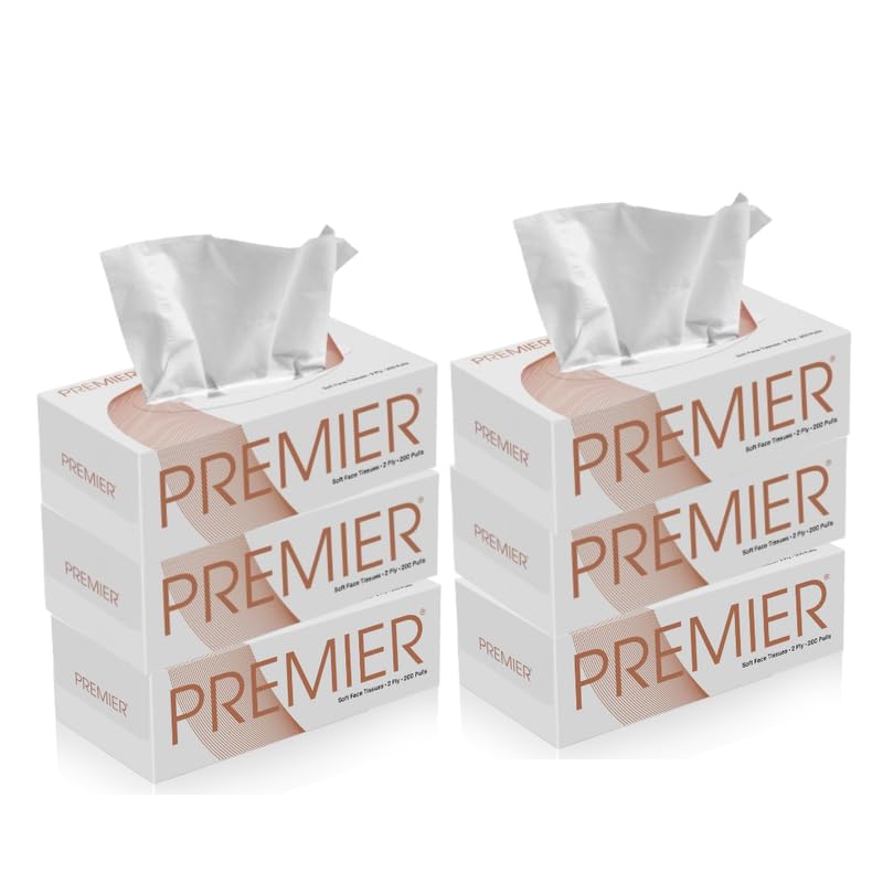 Image of Premier Box Tissue Paper 2 Ply | 1200 Pulls, 2400 Sheets | 200 pulls x 6 Packs | Super Absorbent Soft Facial Tissue Box | Suitable for Home, Office, Travelling | Car Tissue Box - White