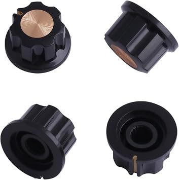Mini Guitar Potentiometer Control Knobs Volume Tone Knobs Effect Pedal Knob 6mm Shaft Black with Gold Cap for Guitar Bass or Effect Pedals and Amps Set of 4Pcs.