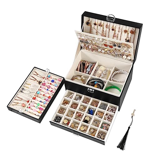 BOOVO Earring Jewelry Box For Women Girl Stud Organizer, 5 Layers Girl Jewelry Organizer Box With Lock Earring Holder Organizer Necklace Ring Jewelry Organizer Box For Girls (Black)