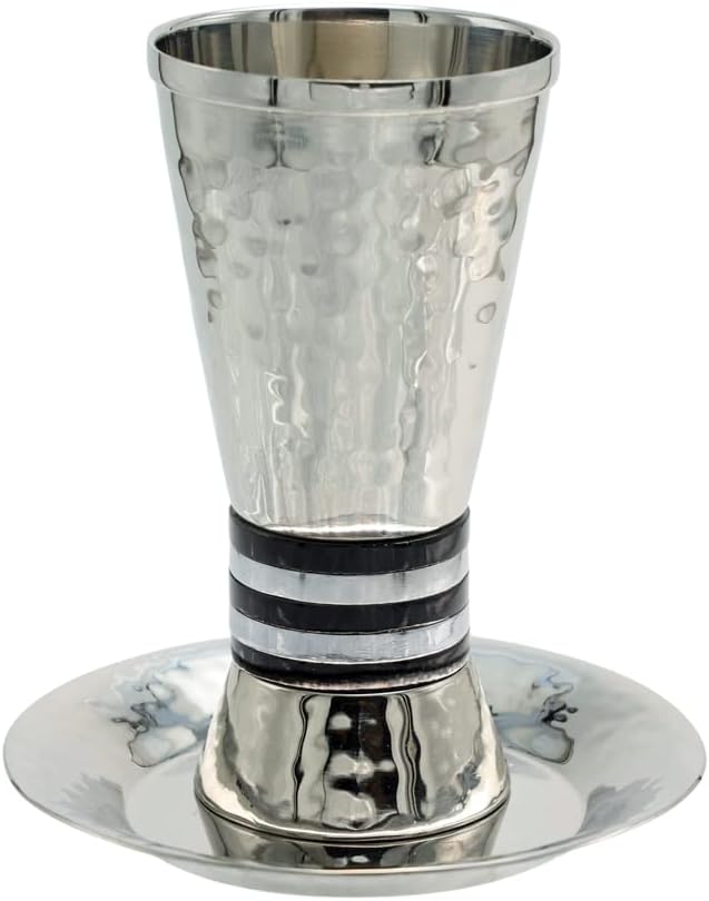 Yair Emanuel | Wine Goblet Kiddush Cup Cone Shaped Hammered Nickel Designed with Black Rings | CUT-4