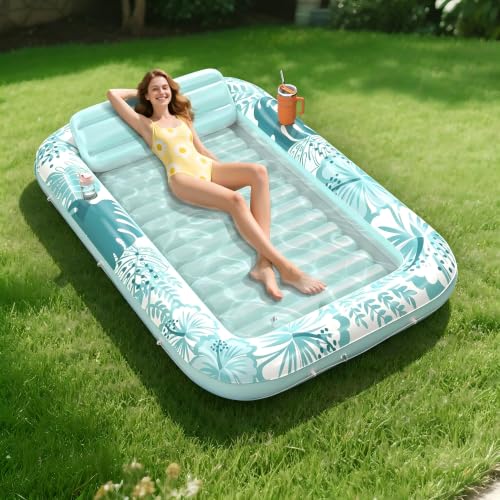 Inflatable Tanning Pool Lounger Float, 85" x 57" Pool Floats Adult with Pillow, 6 in 1 Suntan Tub Raft Floatie, Sunbathing Water Bed Lounge Blow Up Kids Ball Pit Party Gifts-Cyan